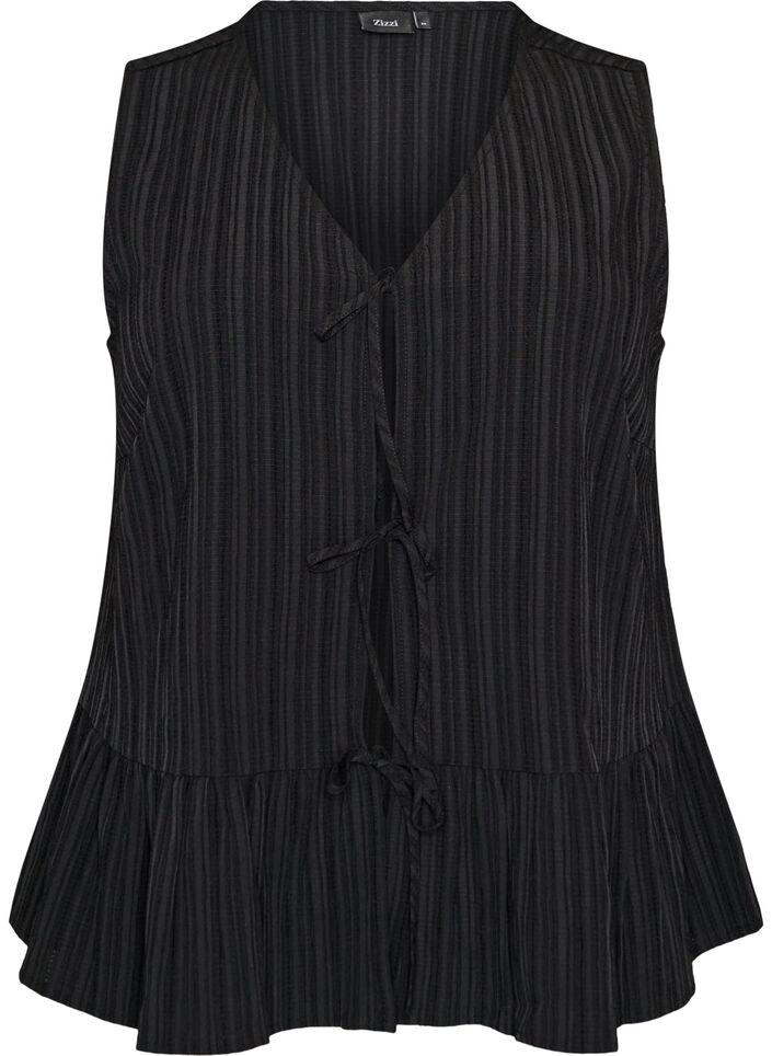 &Auml;rmellose Bluse mit Struktur und Bindeband, Schwarz, Packshot image number 0