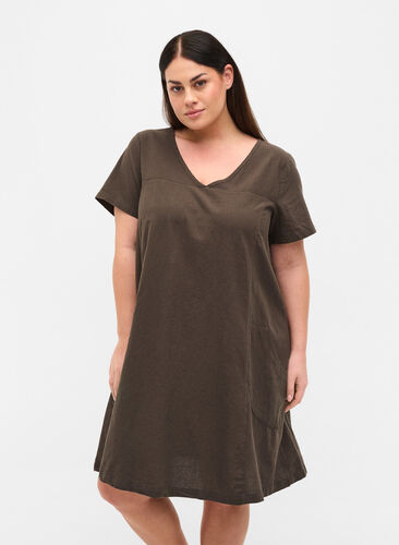 Kurzarm Kleid aus Baumwolle, Khaki Green, Model image number 0