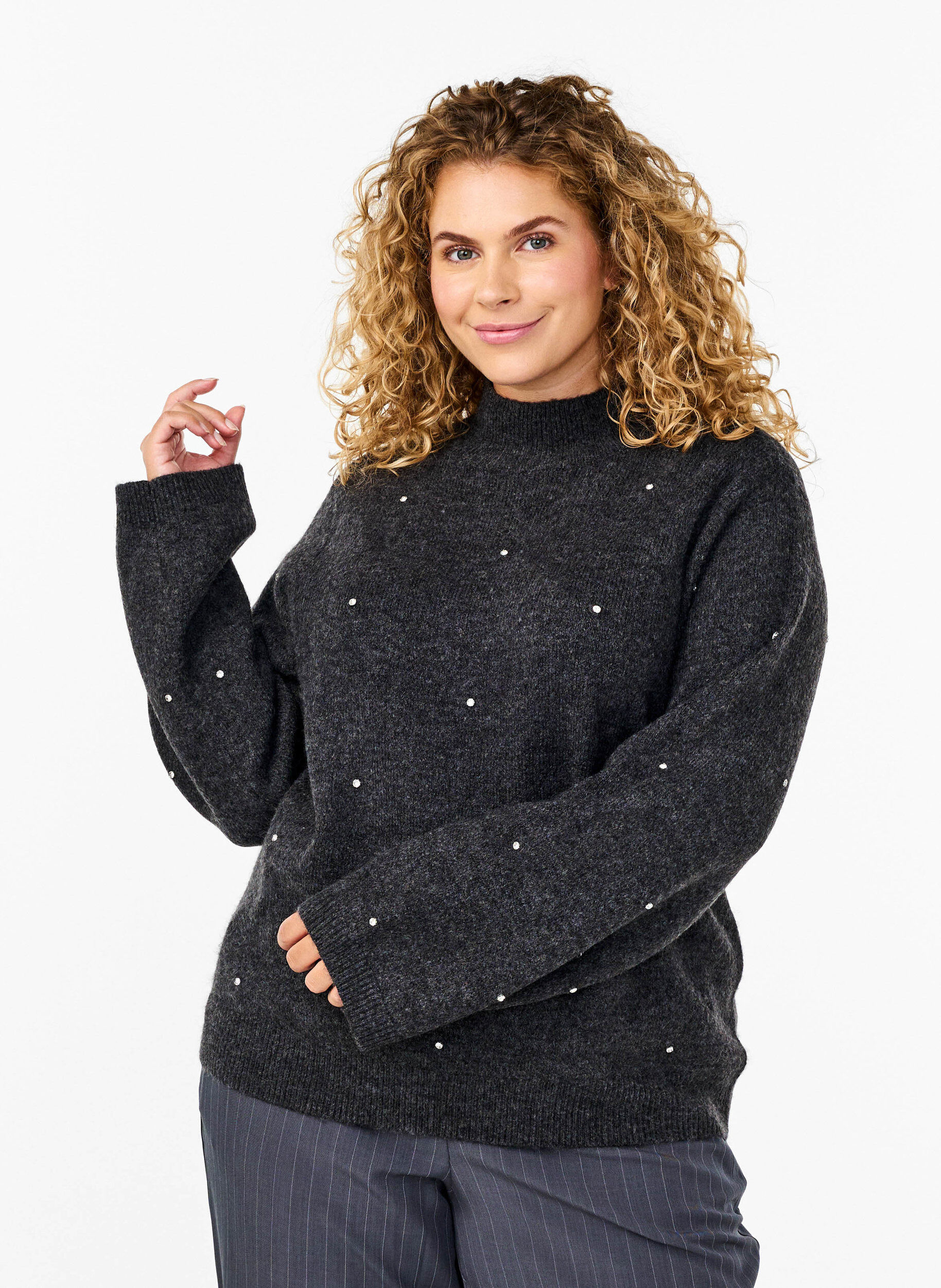 Zizzi Strickbluse mit Strass und hohem Ausschnitt, Dark Grey Melange, Model image number 0