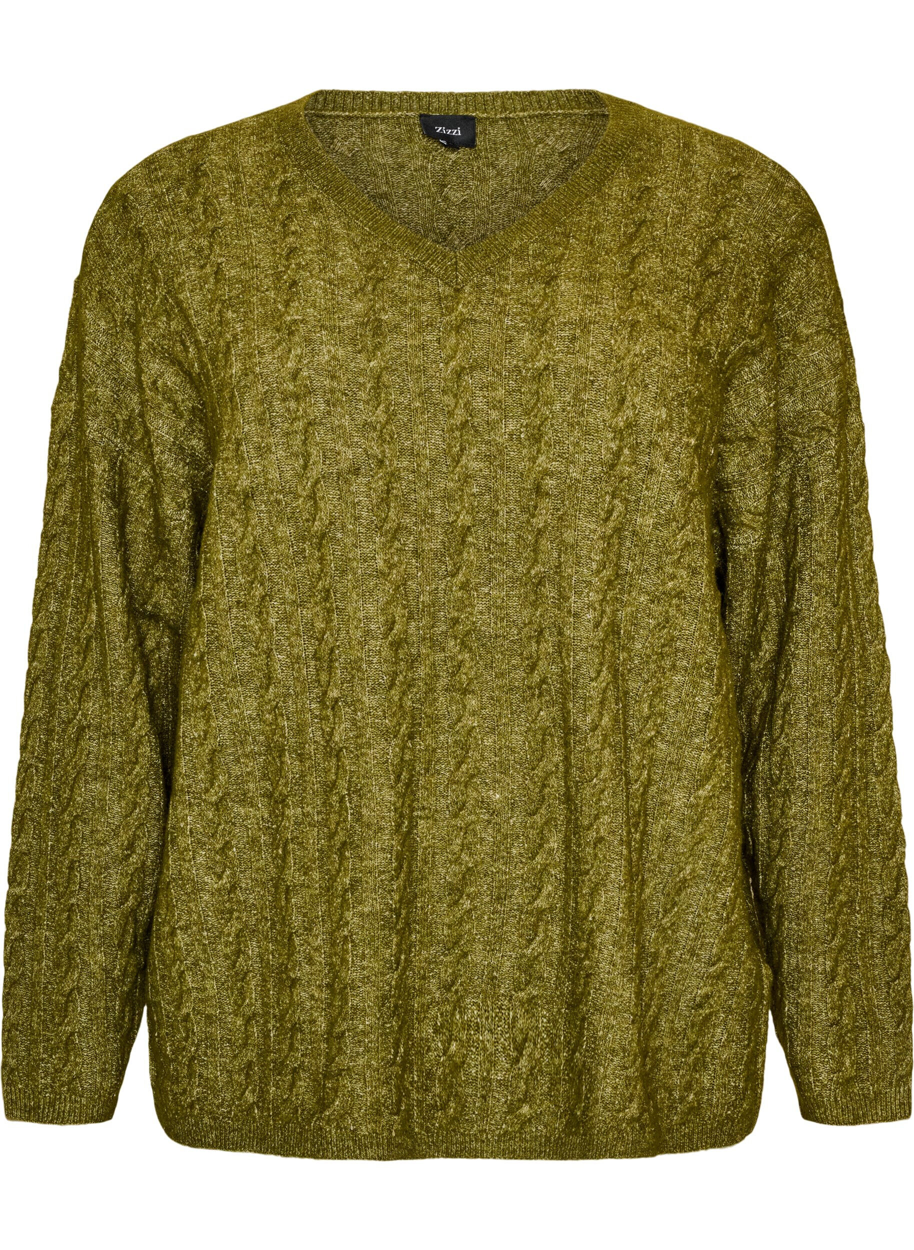 ZizziBluse aus Strick mit Zopfmuster und V-Ausschnitt, Gr&uuml;n, Packshot image number 0