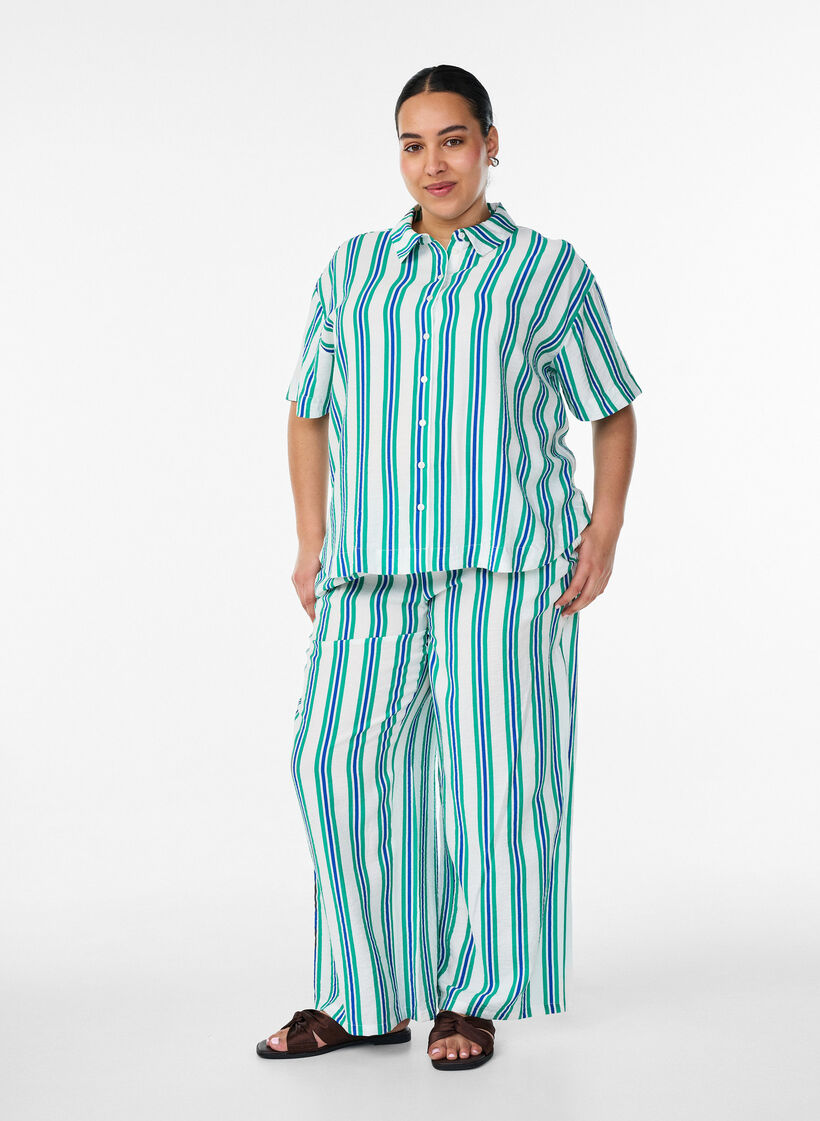 Gestreifte Hose mit hoher Taille und weiten Beinen, Vanille, Model image number 1