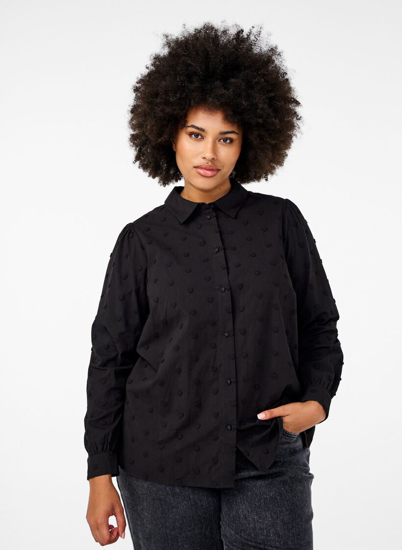 Bluse mit Stehkragen und aufgenähten Herzen, Schwarz, Model image number 0