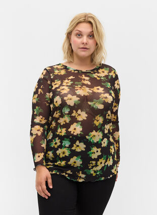 Enganliegende Mesh-Bluse mit Blumenmuster, Yellow Green AOP, Model image number 0