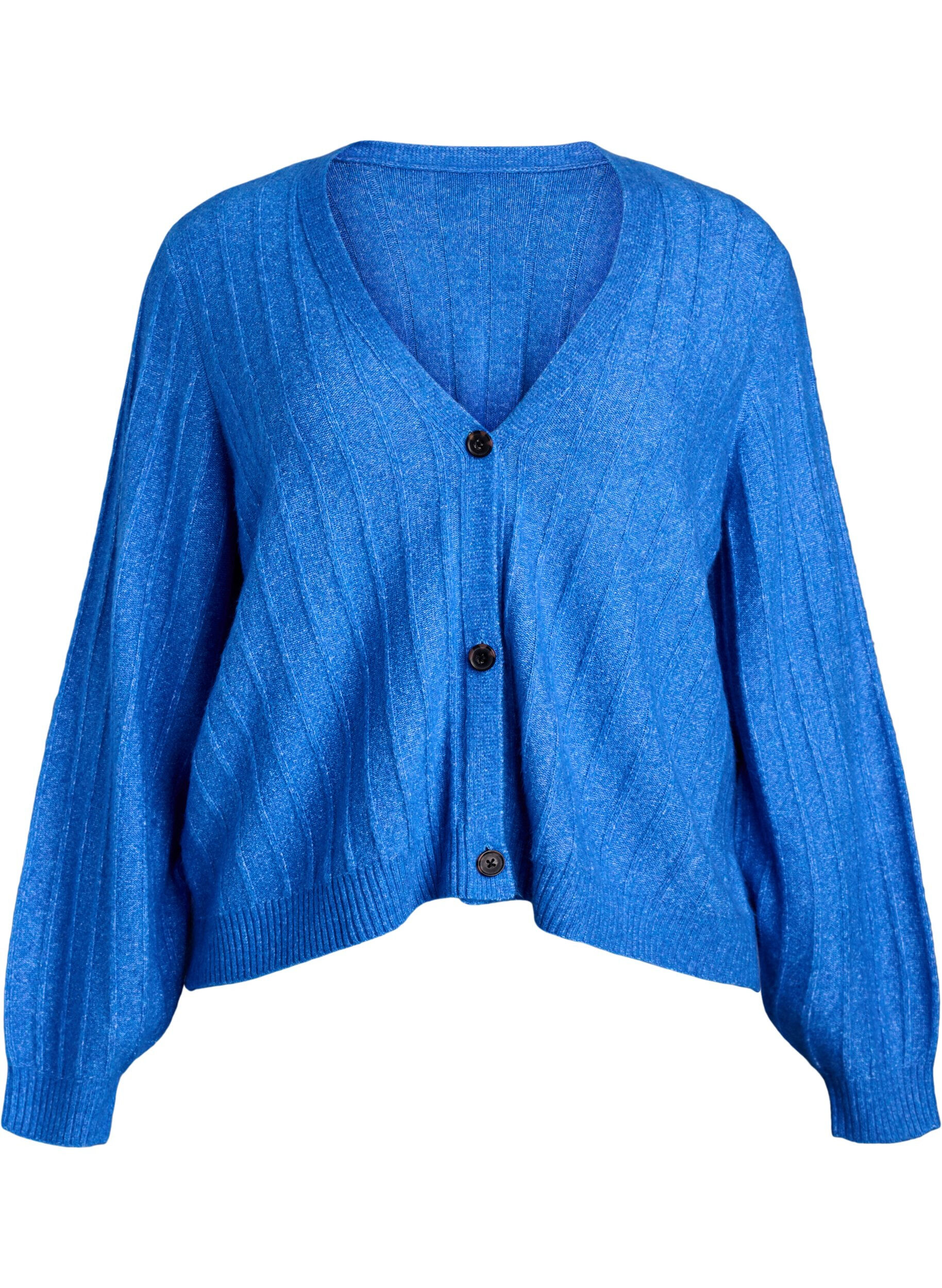 ZizziStrickjacke mit Rippstruktur und Ballon&auml;rmeln, Blau, Packshot image number 0