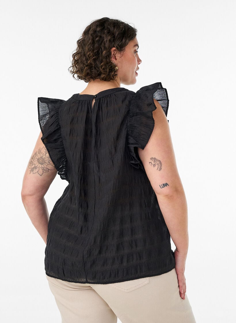 &Auml;rmellose Bluse mit Struktur und R&uuml;schen, Schwarz, Model image number 2
