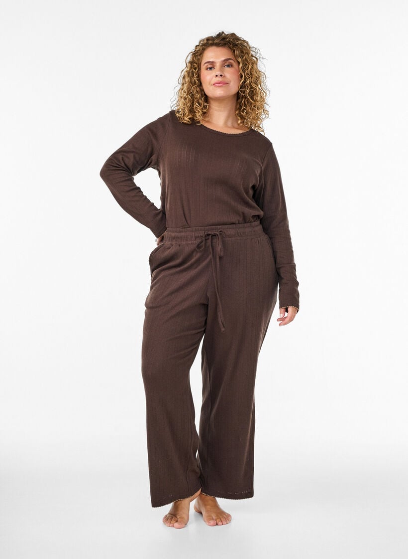 Pyjamahose aus Bio-Baumwolle mit Lochstickerei, Braun, Model image number 1
