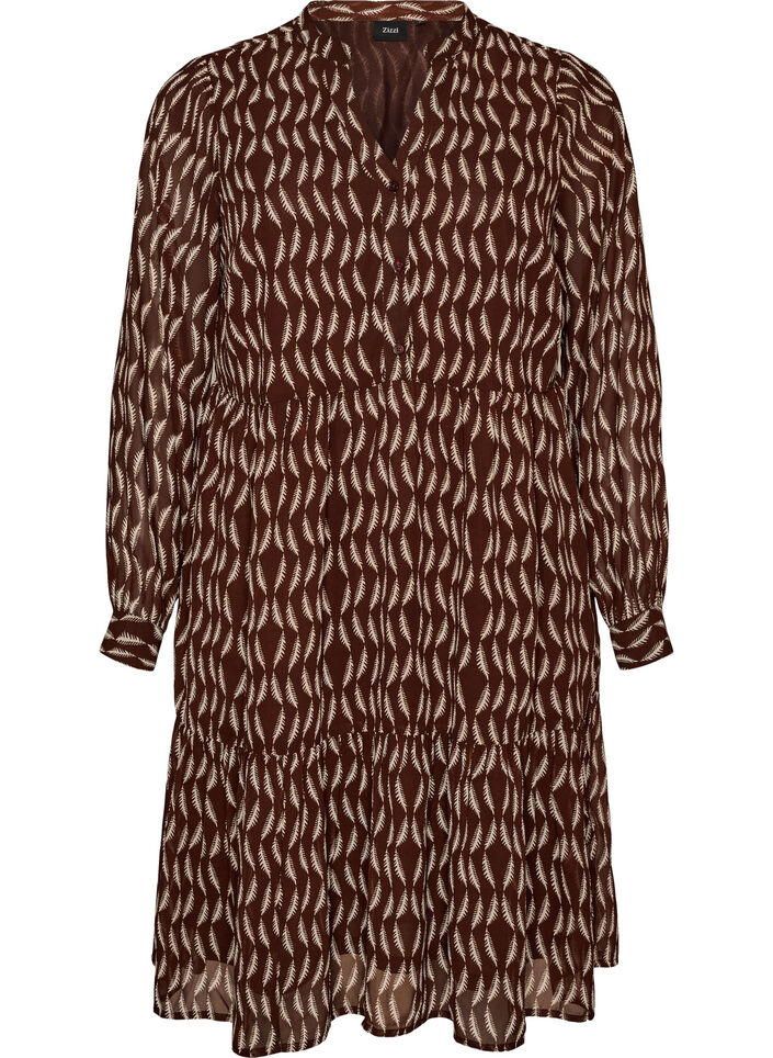 Kleid mit Allover-Muster und einer Volantlage, Braun, Packshot image number 0