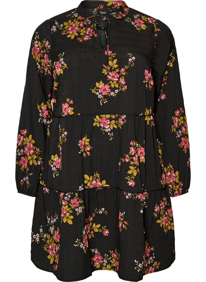 Gebl&uuml;mtes Kleid mit Bindeverschluss, Schwarz, Packshot image number 0