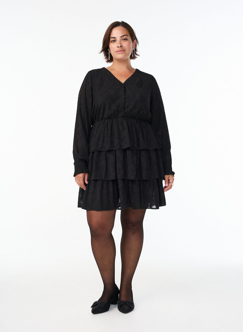 Kurzes Kleid mit R&uuml;schen und Strukturmuster, Schwarz, Model image number 1