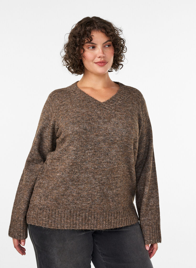 Pullover mit V-Ausschnitt, Braun, Model image number 0