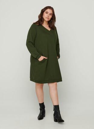 Sweatshirt-Kleid mit V-Ausschnitt, Khaki Green , Model image number 2