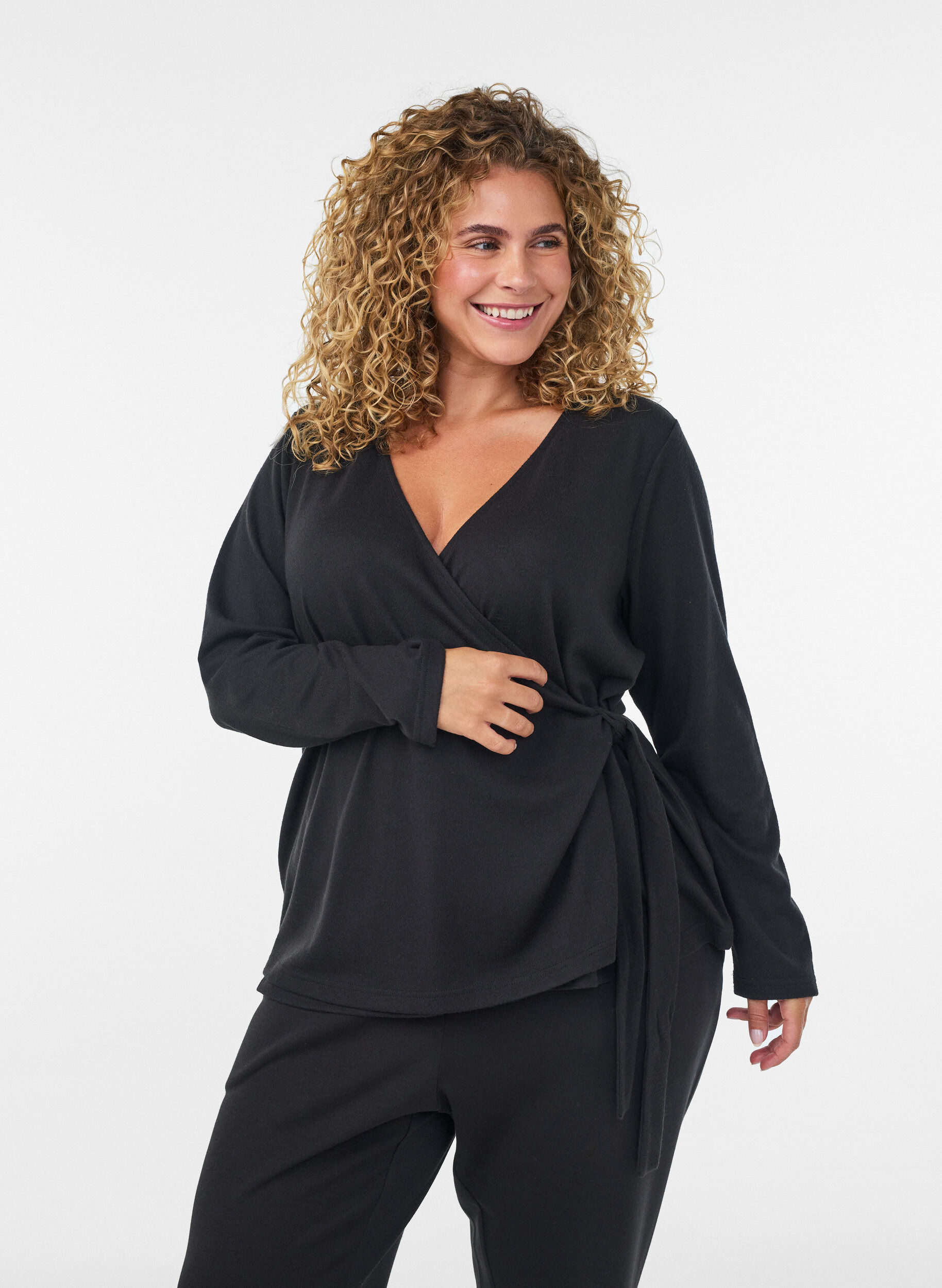 ZizziWickelbluse aus Jersey mit Bindeband, Schwarz, Model image number 0