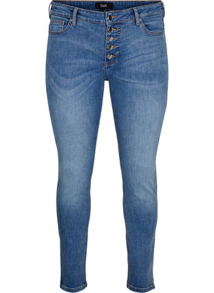 Sanna Jeans mit super schmaler Passform und Knopfverschluss, Blue denim, Packshot image number 0