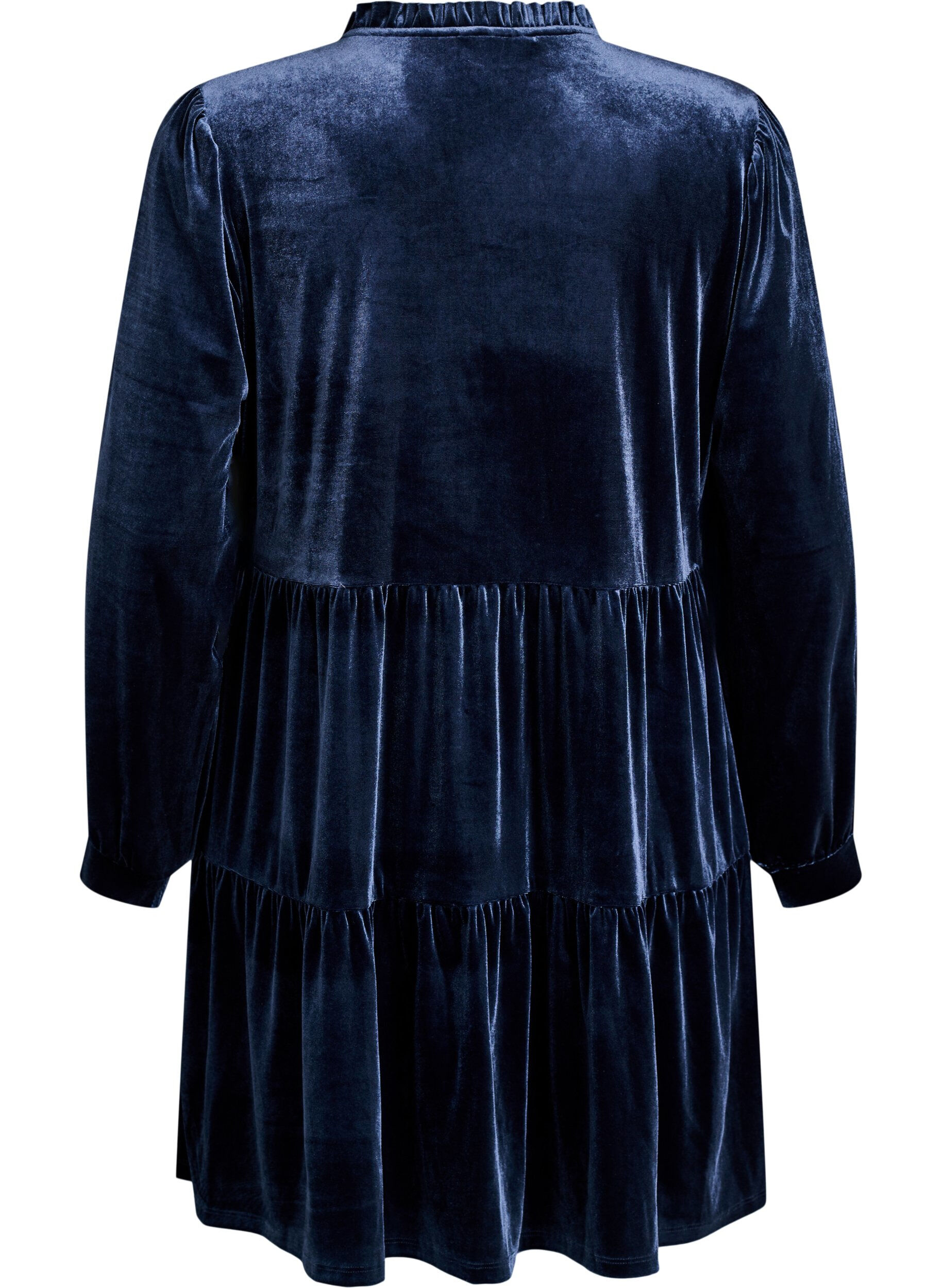 ZizziKurzes Kleid aus Velours mit R&uuml;schenkragen und langen &Auml;rmeln, Blau, Packshot image number 1
