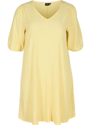 Kleid mit Puffärmeln und V-Ausschnitt, Mellow Yellow, Packshot image number 0