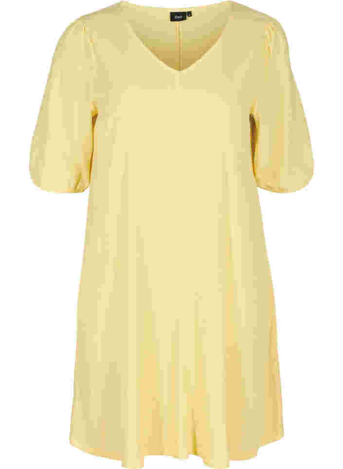 Kleid mit Puffärmeln und V-Ausschnitt, Mellow Yellow, Packshot image number 0
