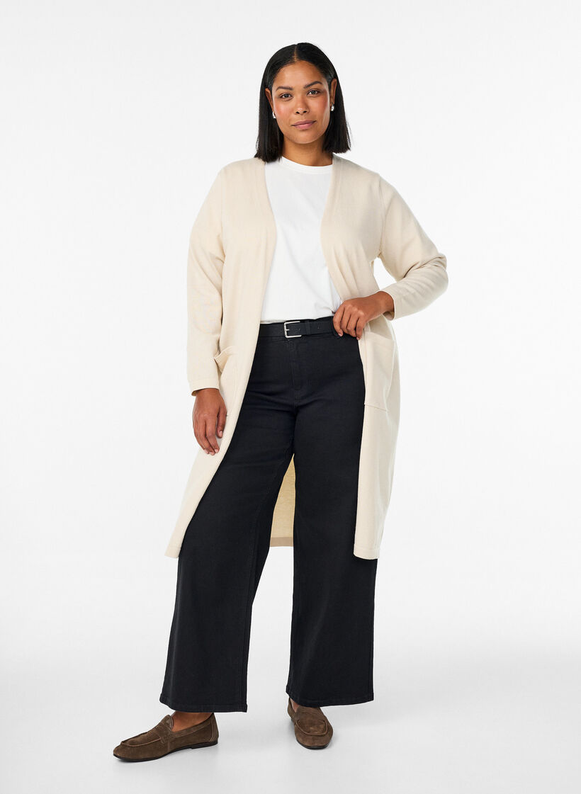 Lange, offene Strickjacke mit Taschen, Beige, Model image number 0