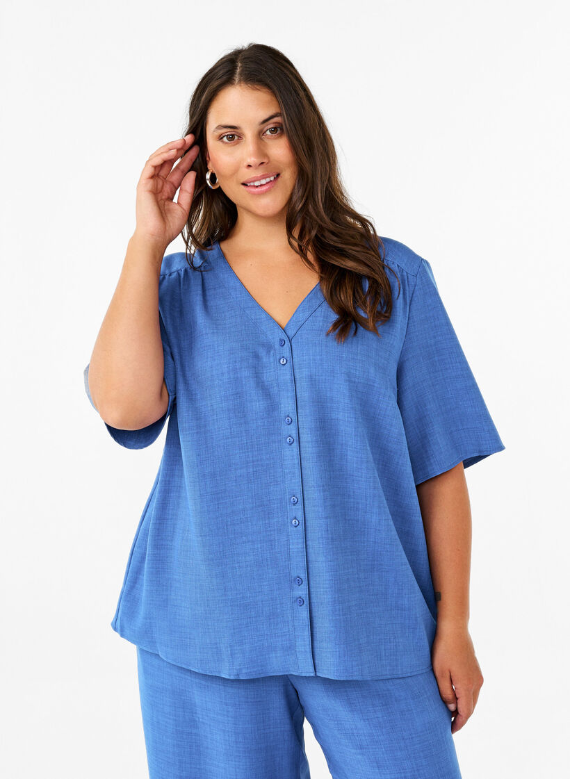 Hemdbluse mit V-Ausschnitt und kurzen &Auml;rmeln, Blau, Model image number 0