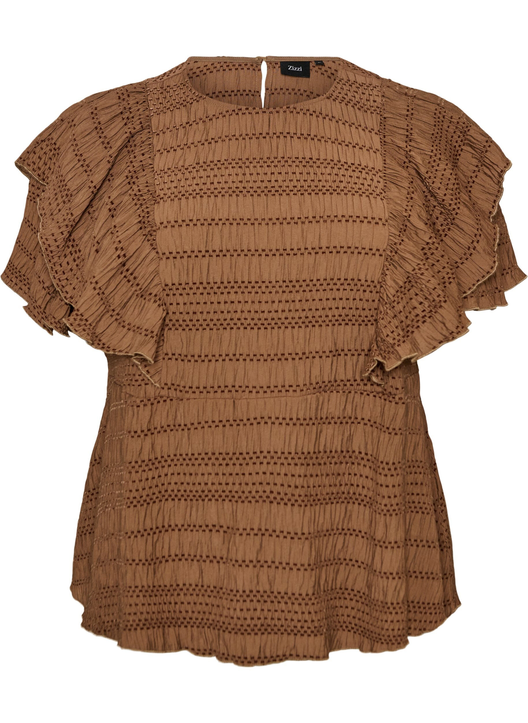 ZizziBluse mit gesmokter Textur und R&uuml;schen&auml;rmeln, Braun, Packshot image number 0