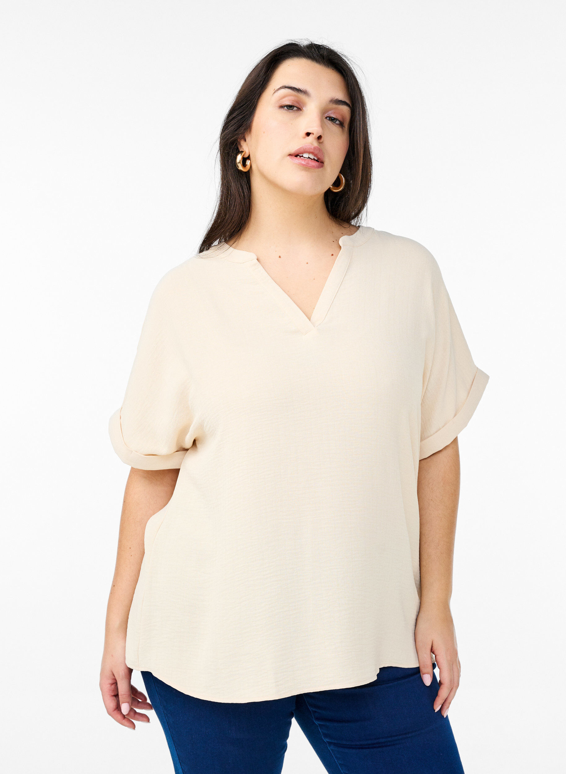 ZizziLockere Bluse mit kurzen &Auml;rmeln, Beige, Model image number 0
