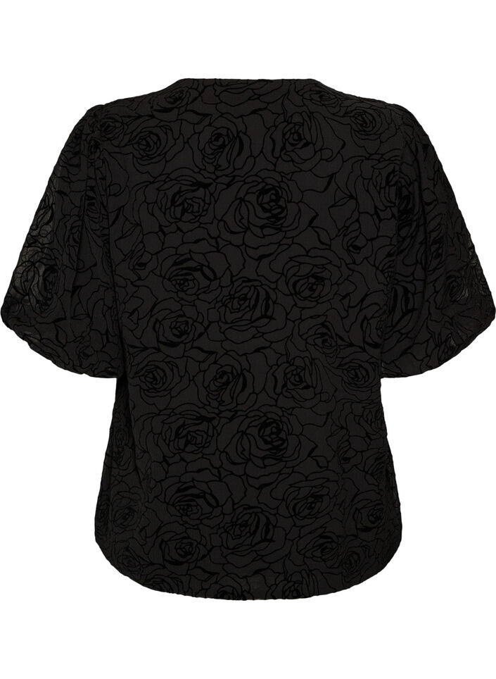 Gebl&uuml;mte Bluse mit Ballon&auml;rmeln, Schwarz, Packshot image number 1
