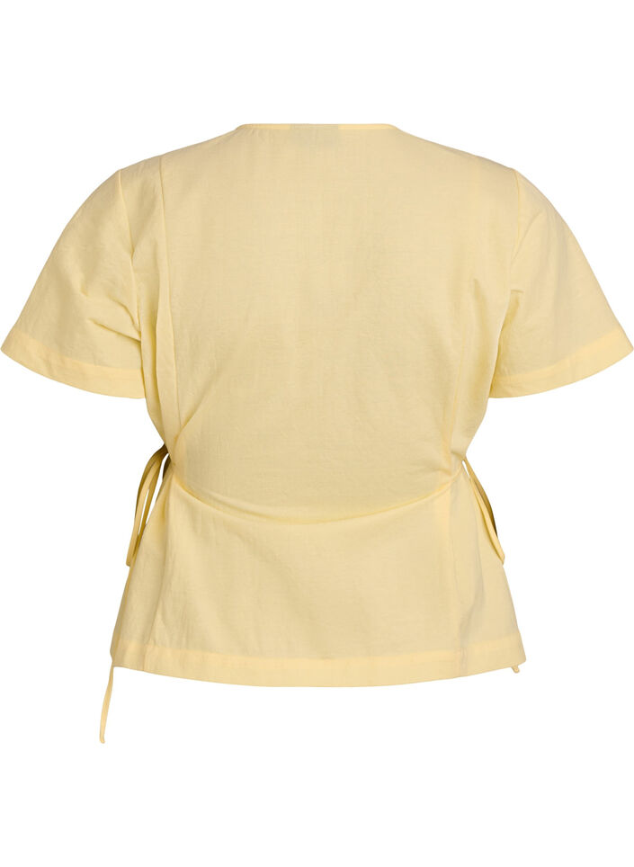 Bluse aus einer Baumwollmischung mit V-Ausschnitt und Bindeband, Gelb, Packshot image number 1
