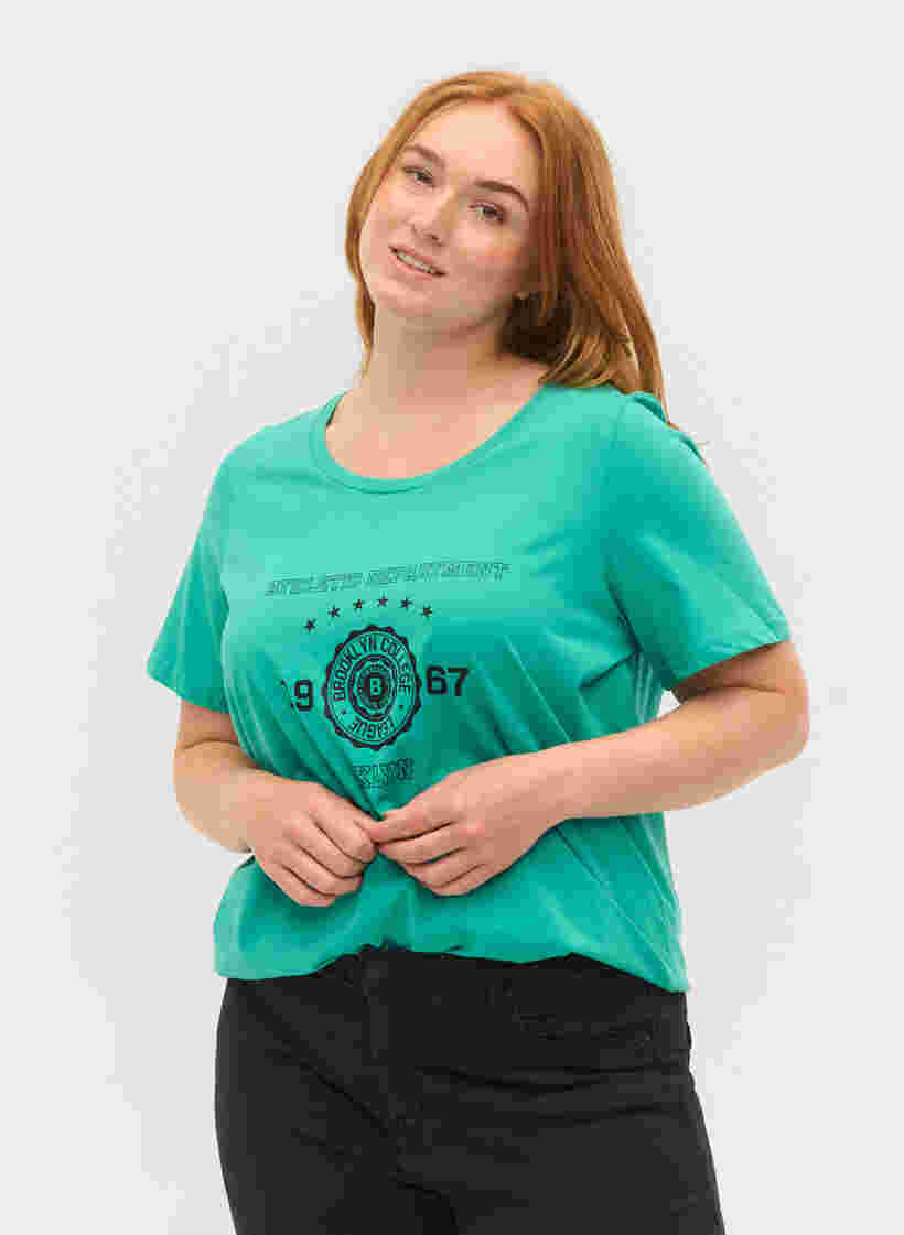 Kurzärmeliges Baumwoll-T-Shirt mit Druck, Sea Green, Model image number 0