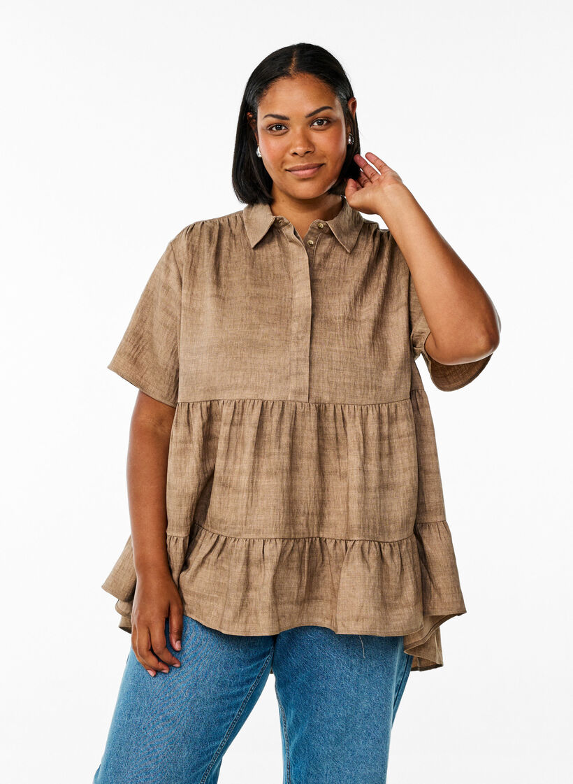 Lockere Bluse mit Kragen und Knöpfen, Braun, Model image number 0