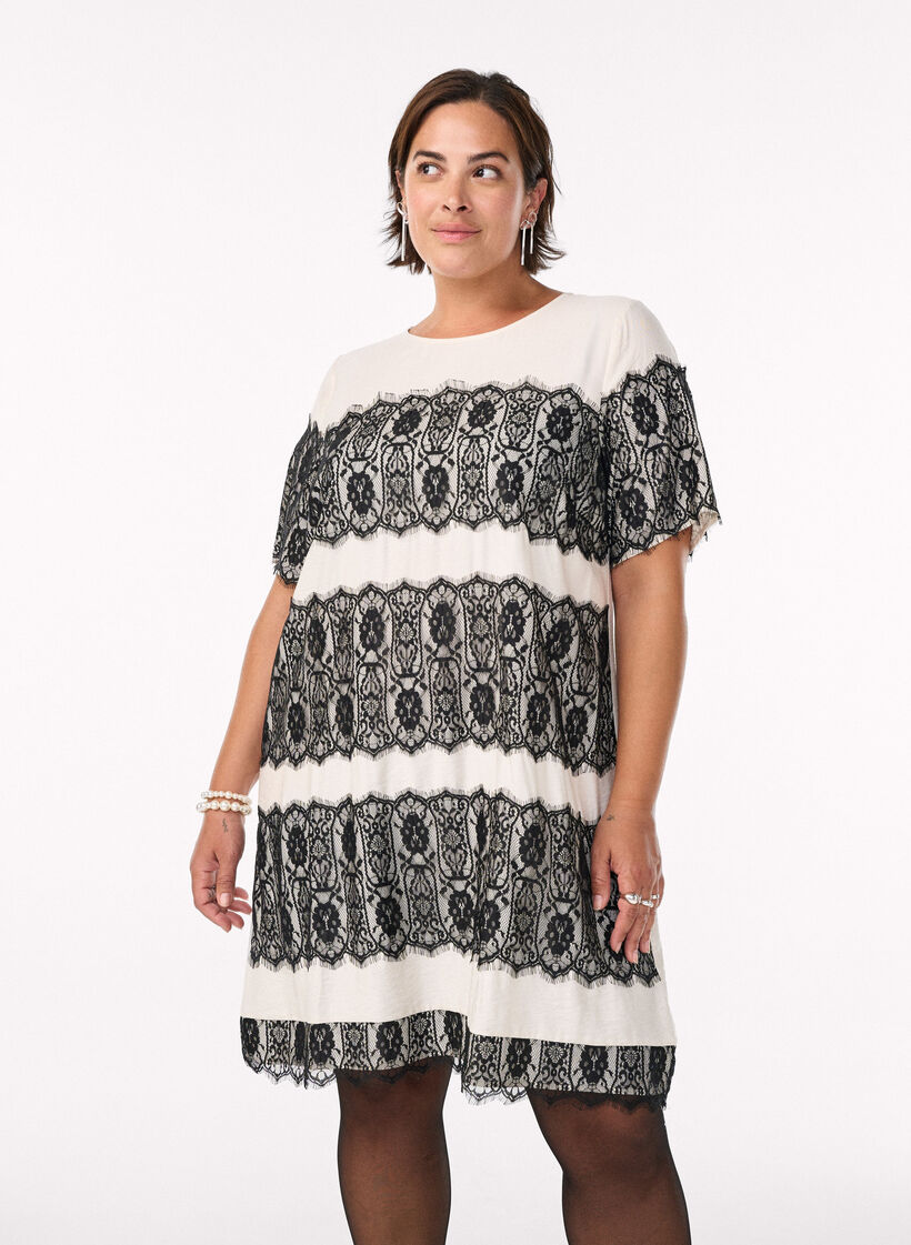 Kurzes Kleid mit kontrastfarbenen Spitzeneinsätzen, Beige, Model image number 0