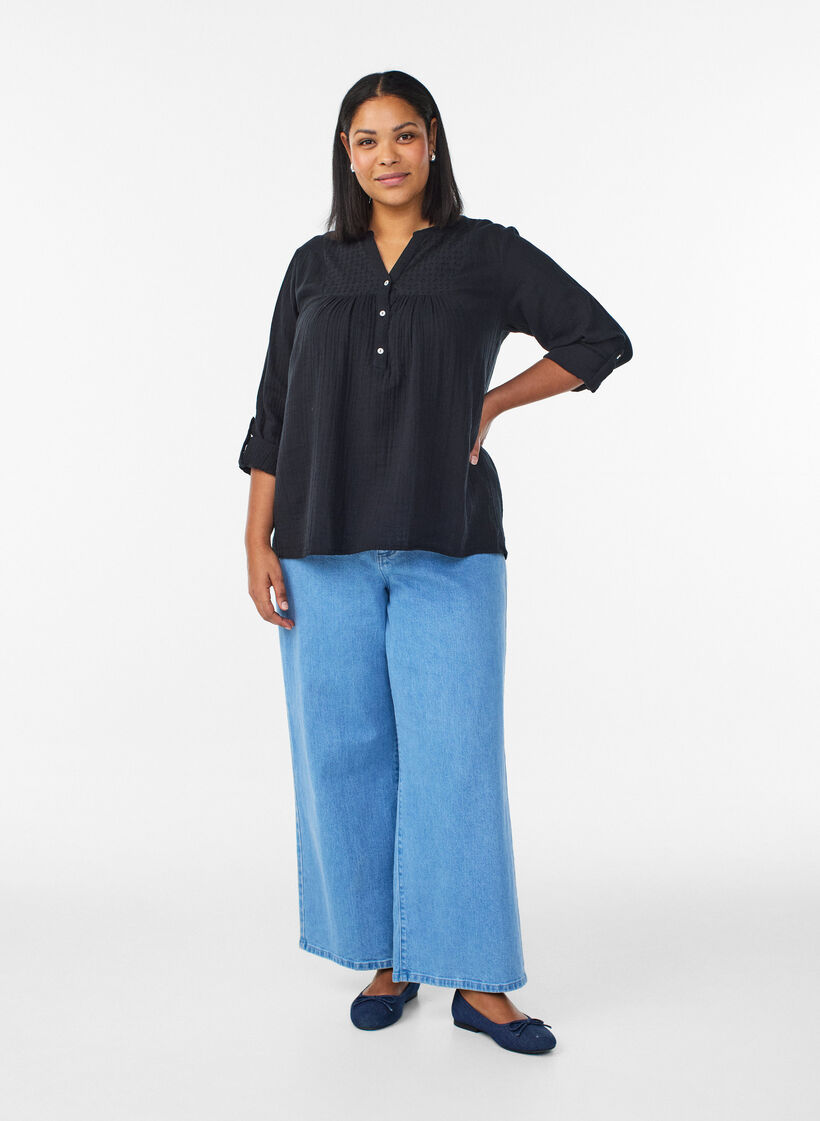 Bluse aus Baumwollmusselin mit Lochstickerei, Schwarz, Model image number 1