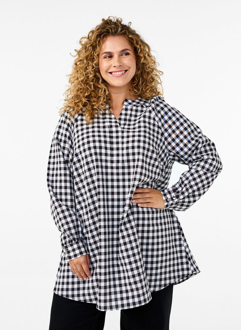 Karierte Tunika mit V-Ausschnitt, Black/W. Gingham, Model image number 0