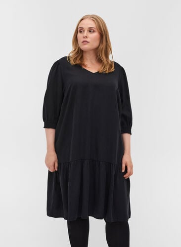 Kleid mit V-Ausschnitt und Smock, Black, Model image number 0