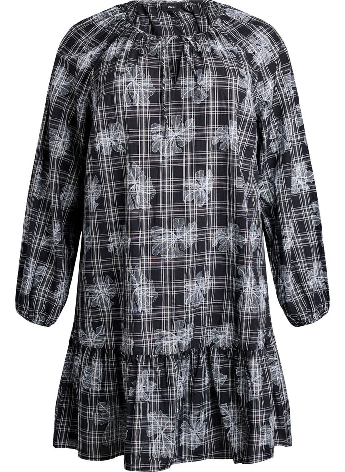 Kurzes Kleid mit Karo- und Blumenmuster, Schwarz, Packshot image number 0