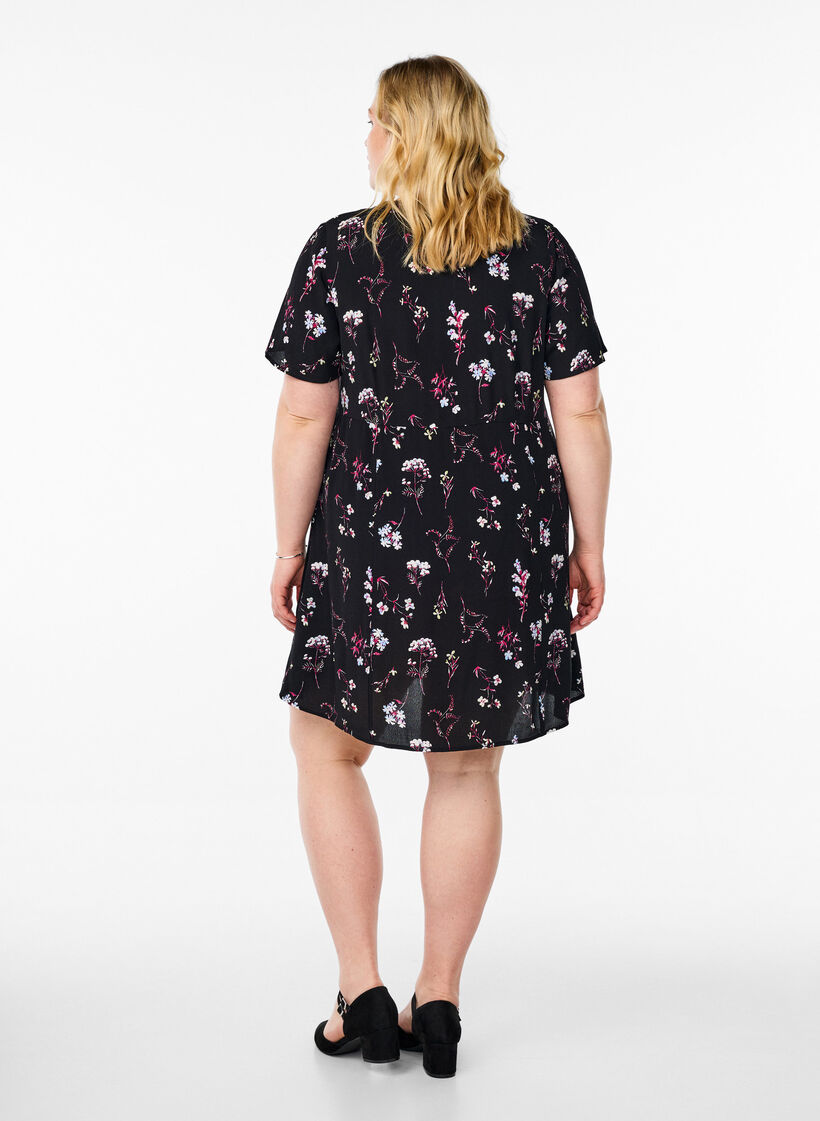 Kurzes Kleid mit Blumendruck, Schwarz, Model image number 2