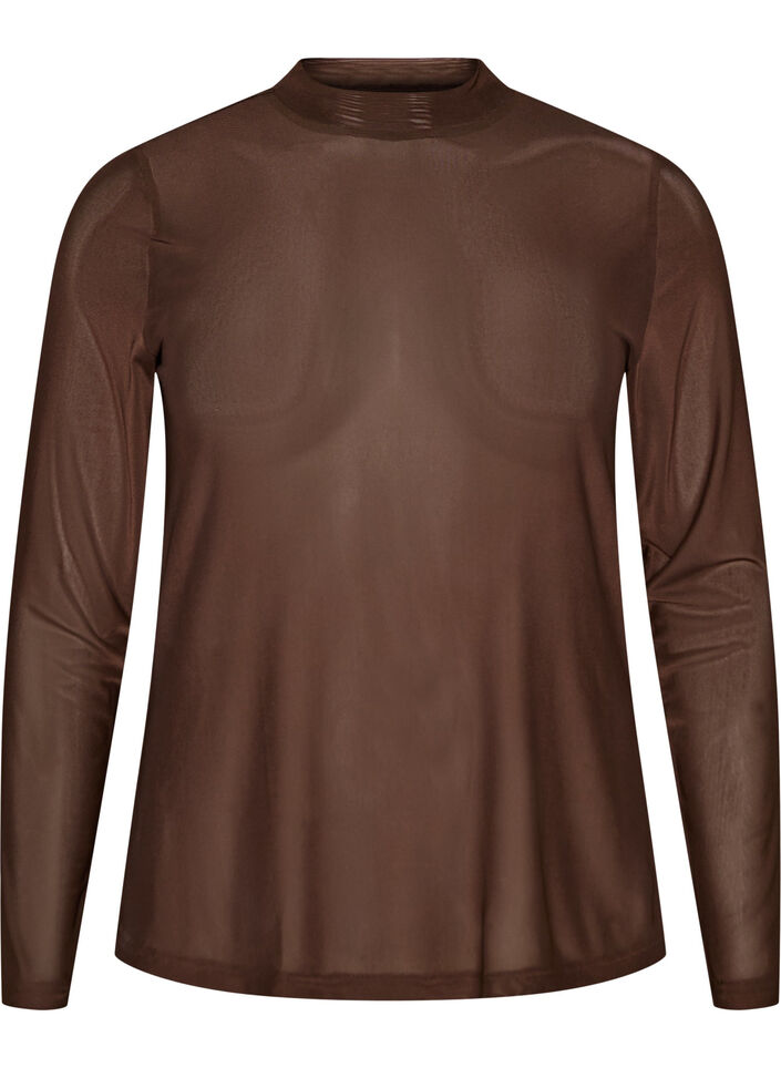 Enganliegende Mesh-Bluse mit langen &Auml;rmeln, Braun, Packshot image number 0