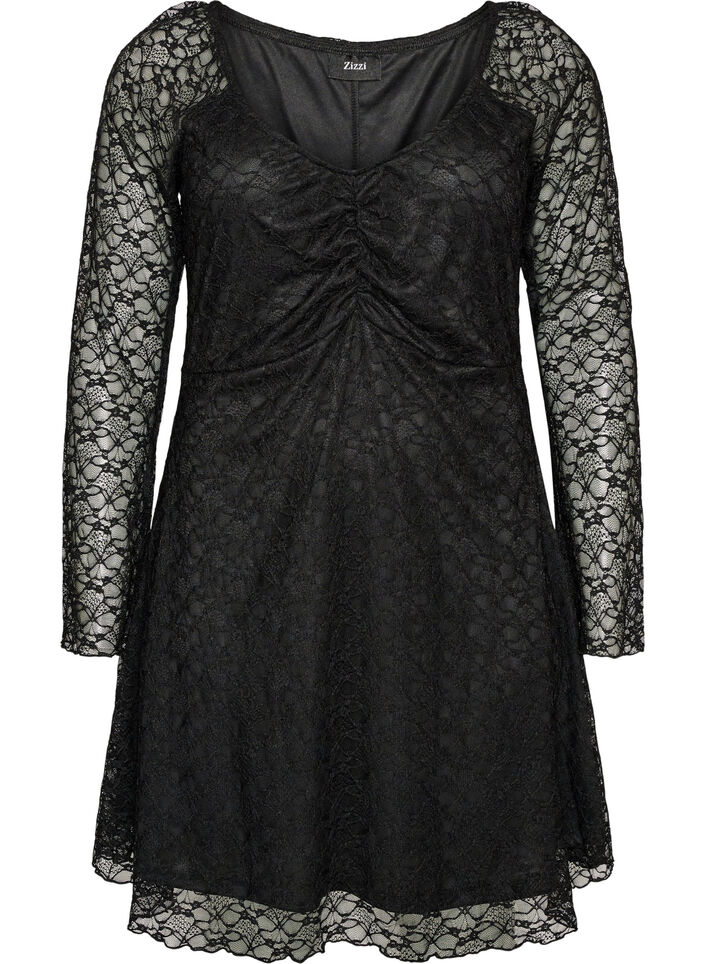 Spitzenkleid mit Trompeten&auml;rmeln und A-Linie, Schwarz, Packshot image number 0