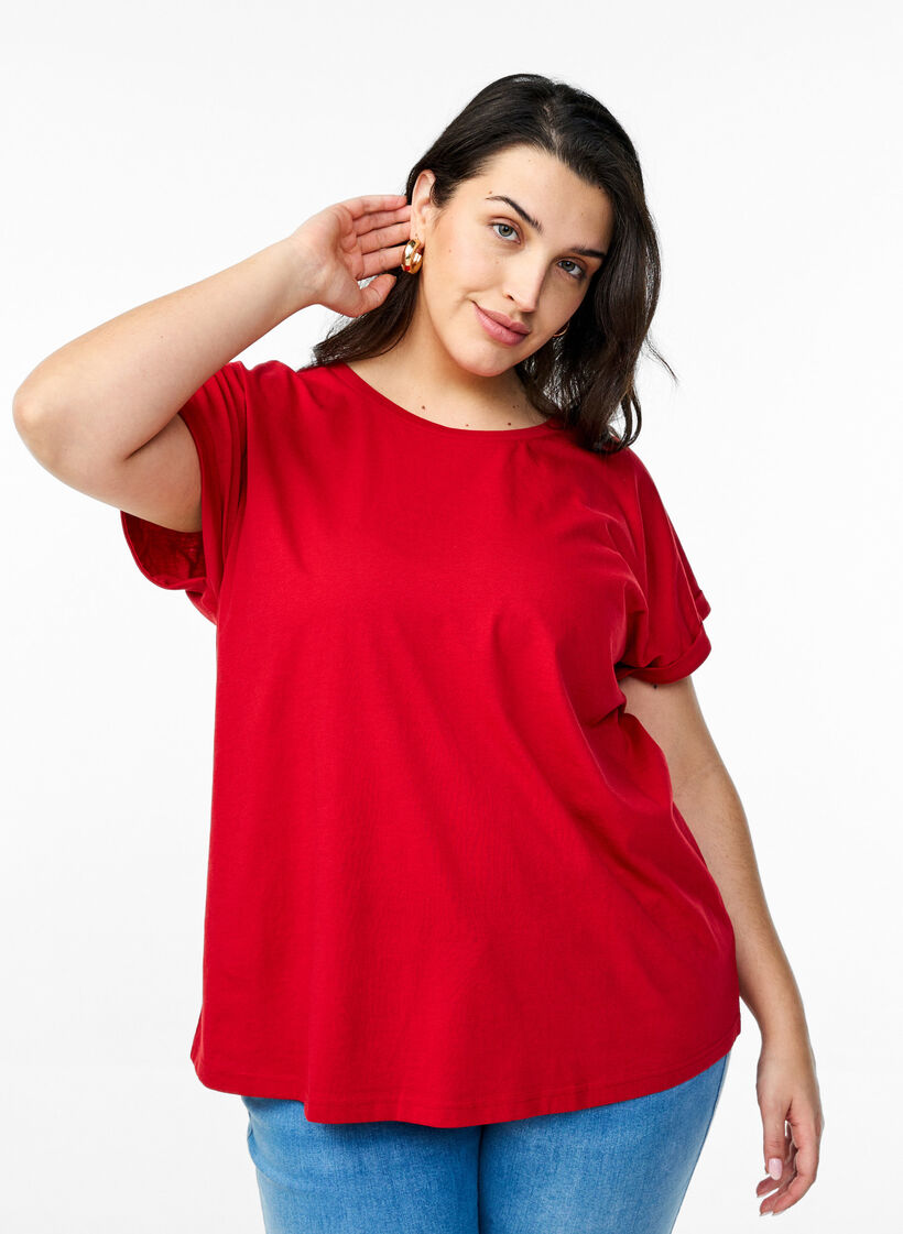 Kurz&auml;rmeliges T-Shirt aus einer Baumwollmischung, Rot, Model image number 0