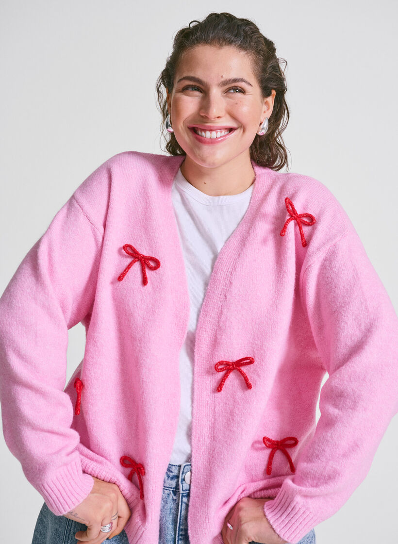 Strickjacke aus Grobstrick mit Schleifenbändern, Begonia Pink Comb, Image image number 0