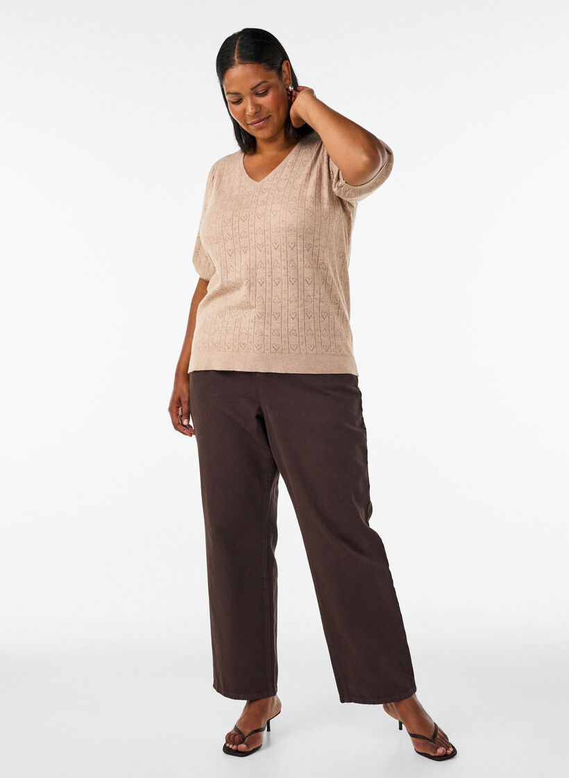 Kurz&auml;rmelige Bluse aus Strick mit Pointelle-Muster, Beige, Model image number 1