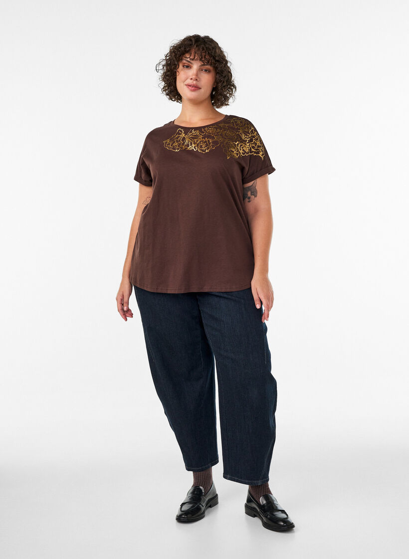 T-Shirt aus Baumwolle mit Blumenprint, Braun, Model image number 1