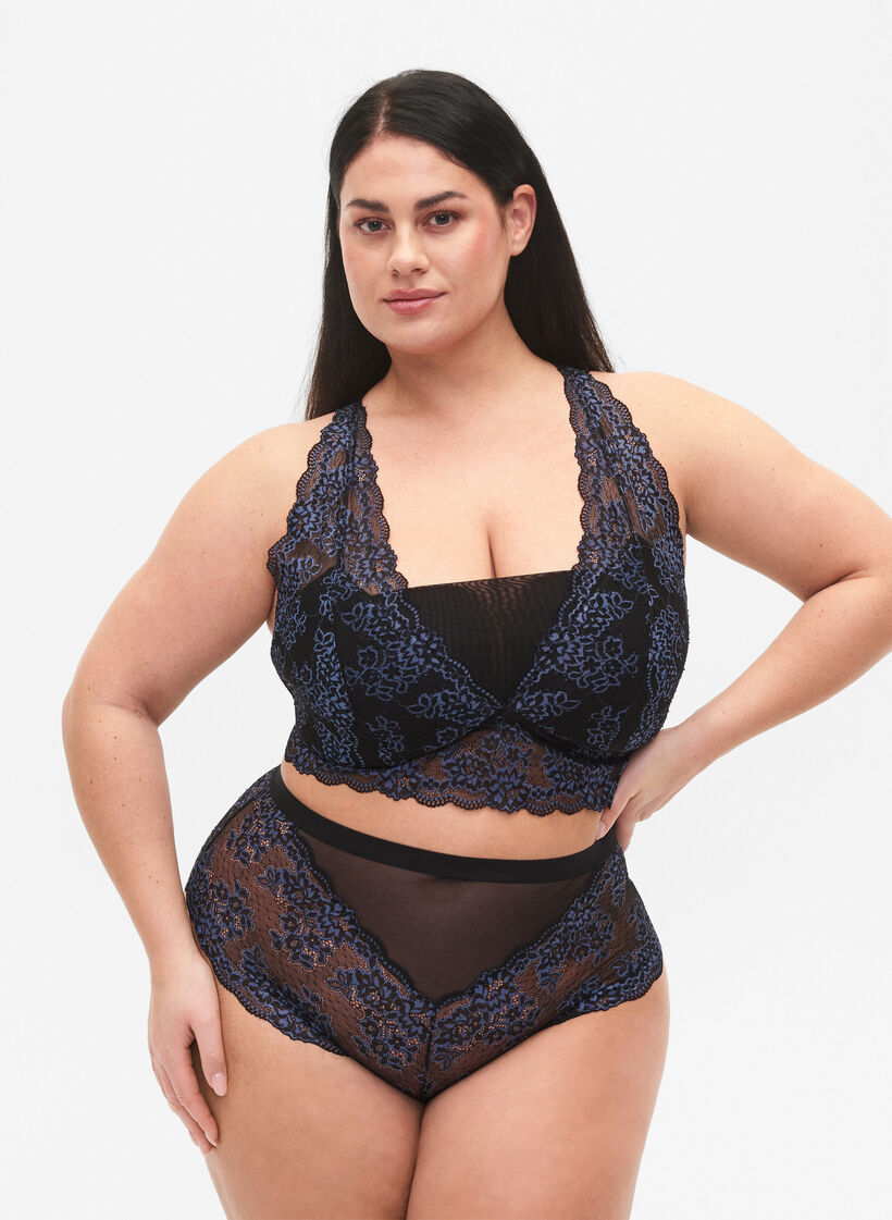 Slip mit Spitze und hoher Taille, Black w. blue lace, Model image number 0