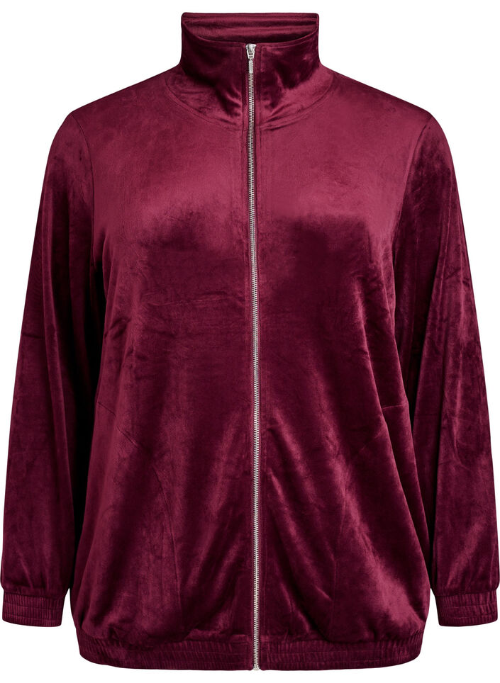Cardigan aus Velours mit Rei&szlig;verschluss und hohem Kragen, Dunkles Bordeaux, Packshot image number 0