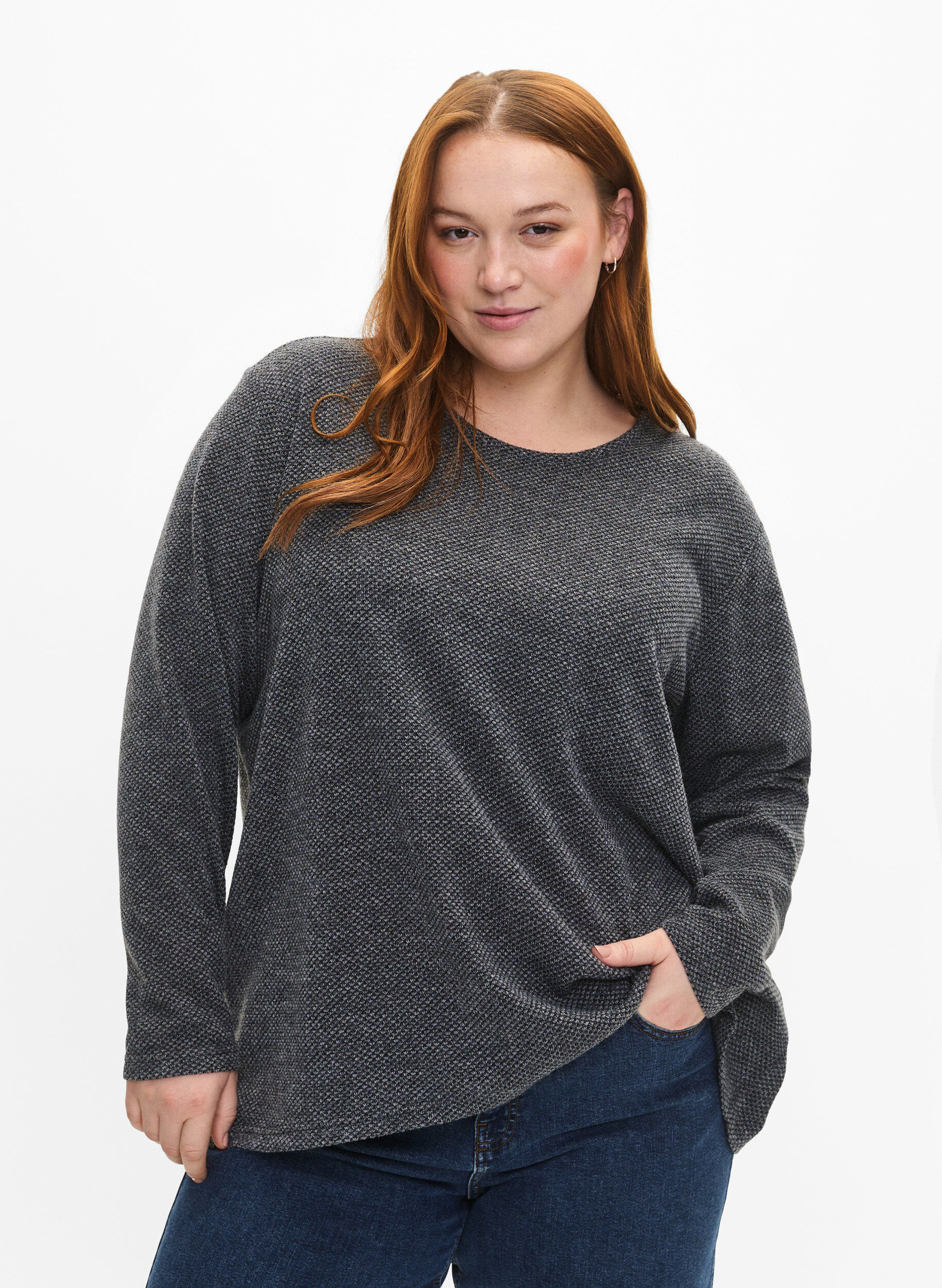 ZizziMelange Bluse mit rund um den Neck und langen &Auml;rmel, Dark Grey, Model image number 0