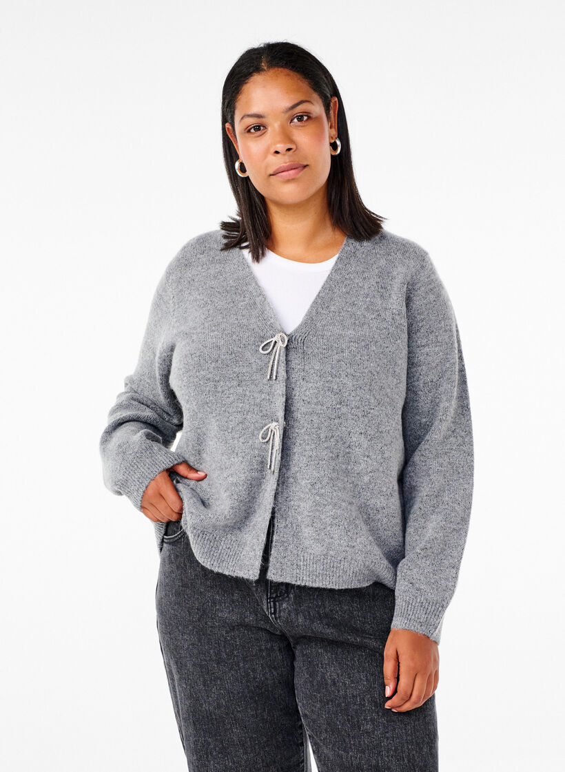 Strickjacke mit einer silbernen Schleife, Medium Grey Melange, Model image number 0