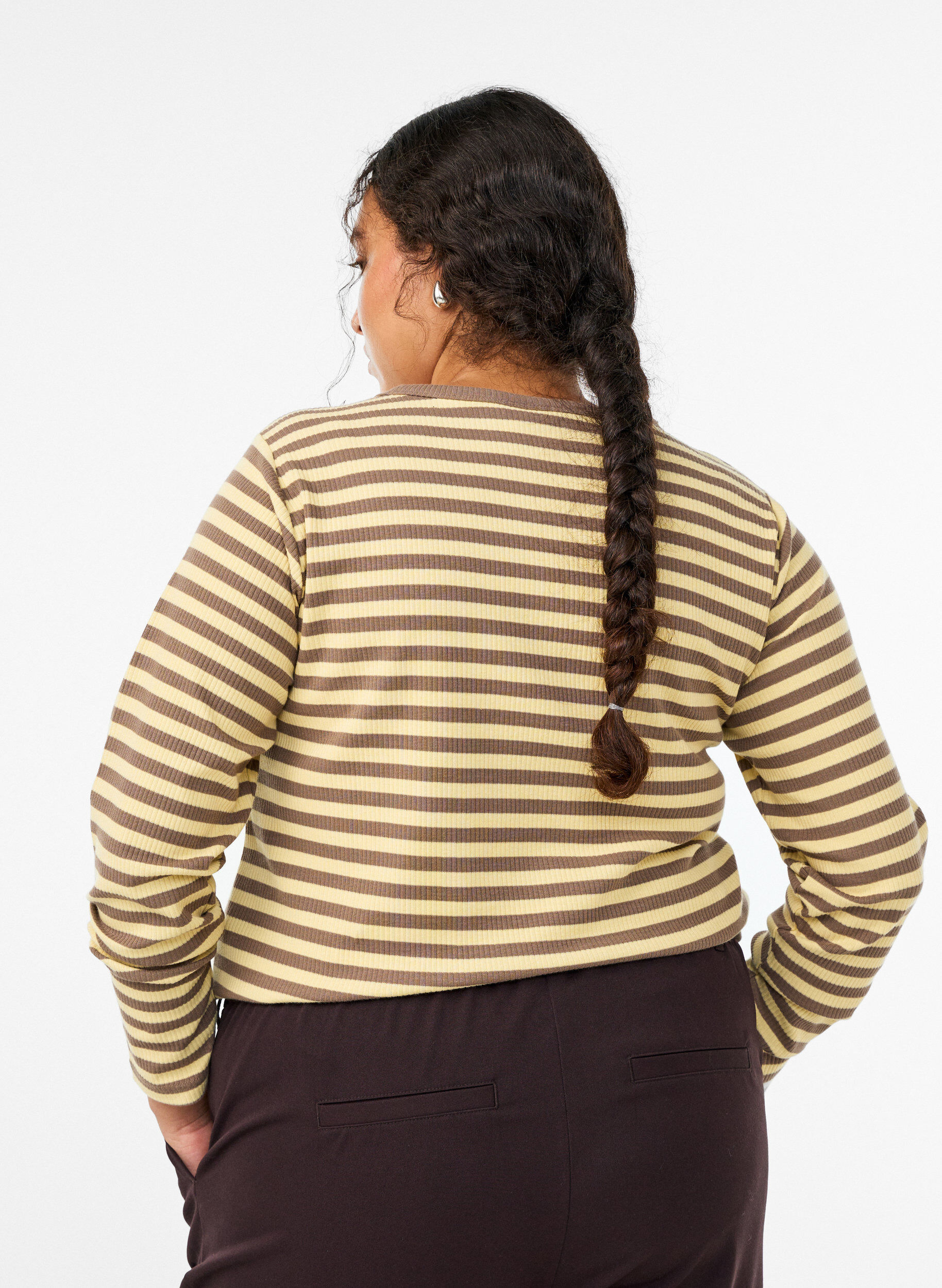 ZizziGestreifte Bluse mit langen &Auml;rmeln, Braun, Model image number 2