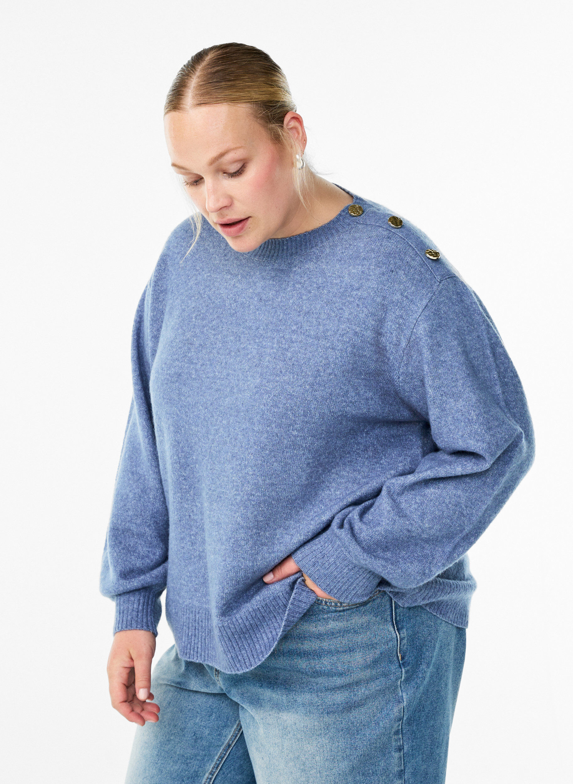 ZizziStrickbluse mit Knopfleiste, Blau, Model image number 0
