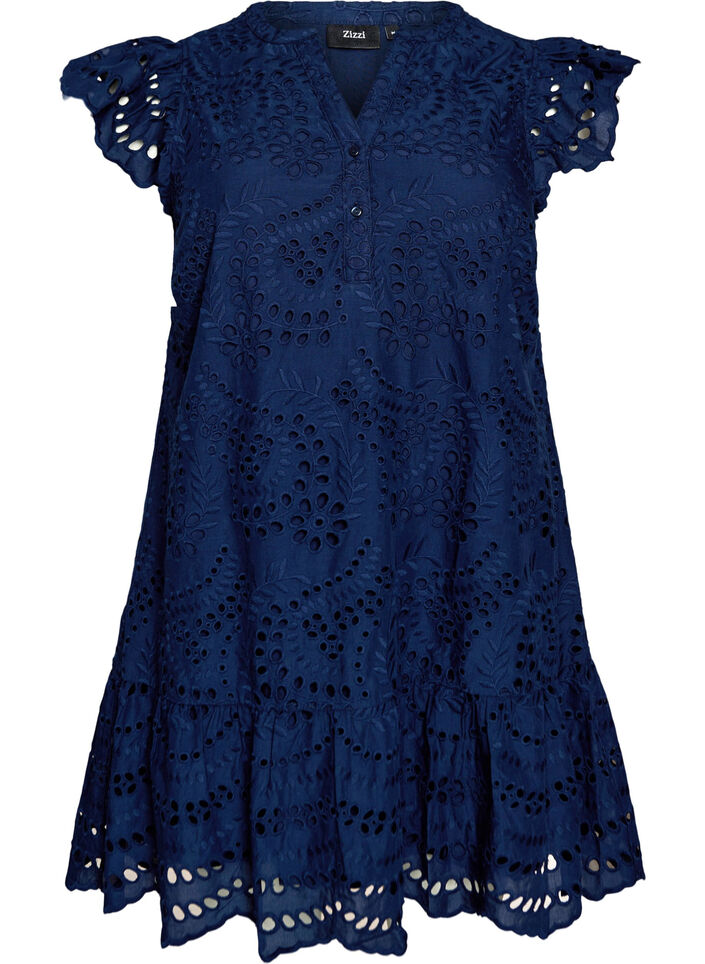 Kleid aus Broderie Anglaise mit R&uuml;schen&auml;rmeln, Blau, Packshot image number 0
