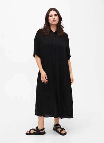 Hemdkleid aus Viskose mit kurzen Ärmeln, Black, Model image number 0