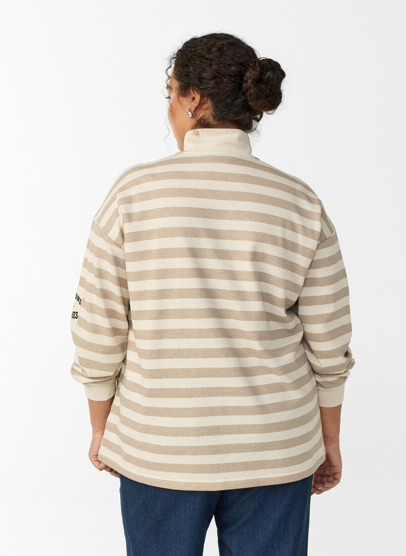 Gestreiftes Sweatshirt mit Stehkragen und Reißverschluss, Beige, Model image number 2