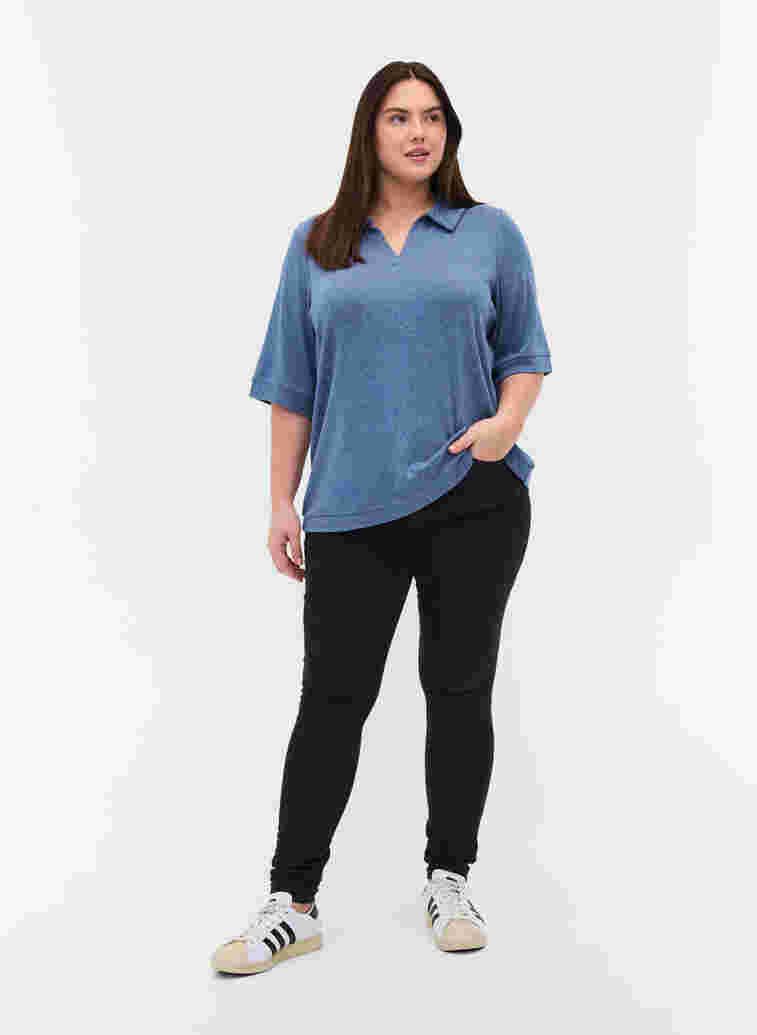 Melierte Bluse mit Kragen und 2/4-Ärmeln, Blue Melange, Model image number 2